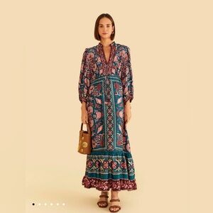 FARM Rio “Seashell Tapestry” Teal Floral Maxi Dress